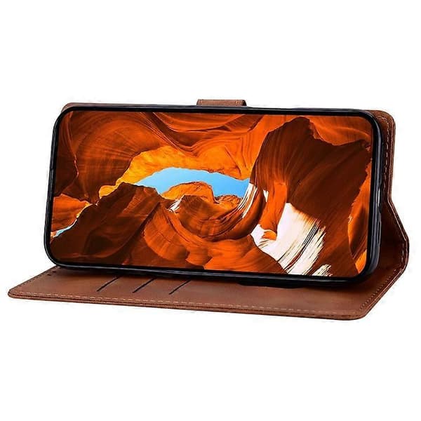 Kompatibelt med iPhone 16 Plus läderfodral präglad rutig plånboksfodral med stativ och vikbart lock Brown