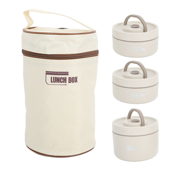 Isolert lunsjboks 304 rustfritt stål, lekkasjesikker, bærbar rund termisk Bento-boks med lokk og varmepose Beige 3 stk.