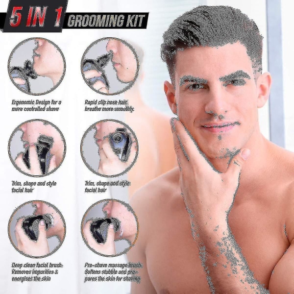 Skägg för 5-i-1 elektrisk rakapparat för män: Femhårigt skägg, rakkniv för en skallig look, sladdlös och uppladdningsbar