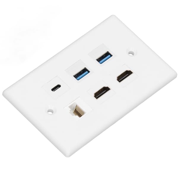 Multimediaväggplatta med 6 portar - 2xHD, 2xUSB3.0, 1xTyp C, 1xCat6 Ethernet