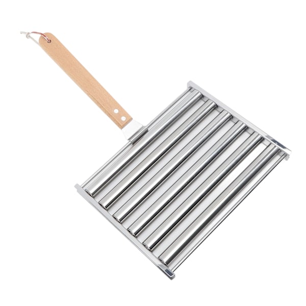 Aftagelig pølseholder i rustfrit stål med dampfunktion og ekstra langt træhåndtag 4 spyd 6 pinde design BBQ-værktøj L