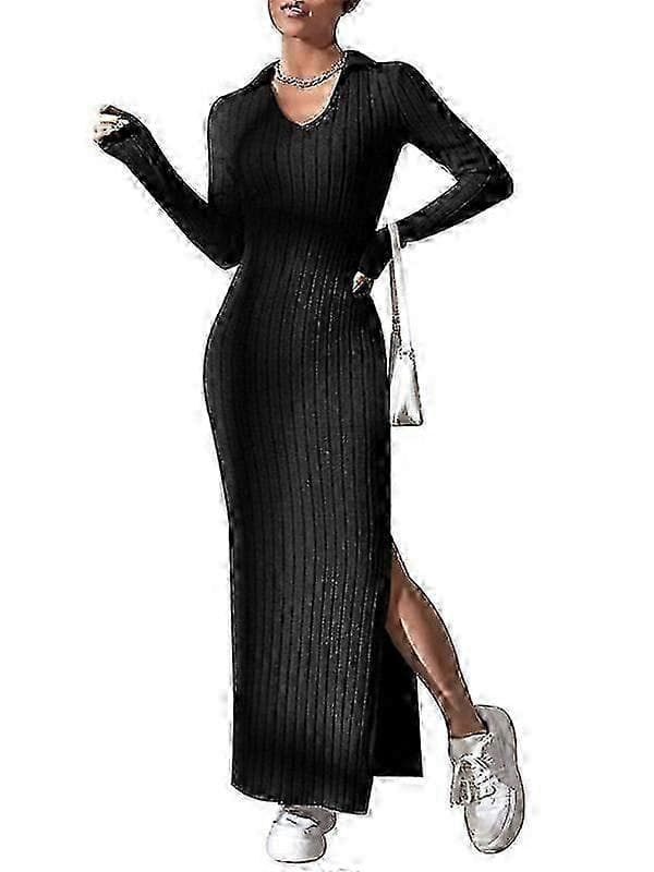 【LD】Dame Crewneck Pullover Sweaterkjole Slim Fit Strikkede Bodycon Kjoler Black M