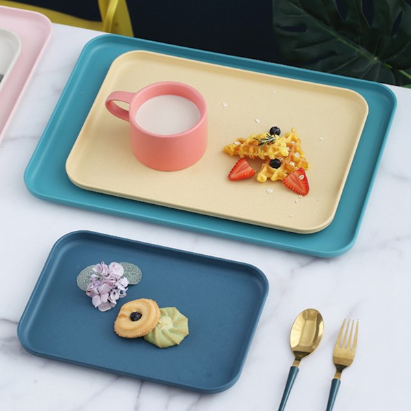 Kök Serveringsbricka Vetehalm Rektangulär nordisk stil Cupcake Frukt Snack Tebricka för hemmakontor Restaurang Gul S (Ca 25x17cm / 9,8x6,7in)
