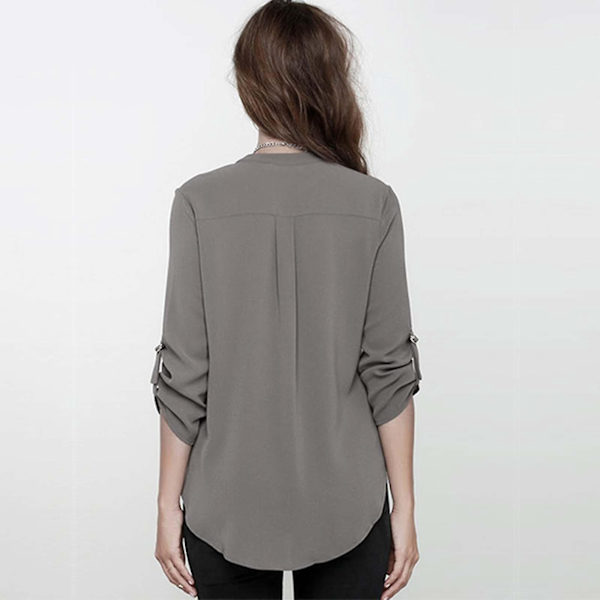 Solid Grå Chiffon V-Hals Bluse for Kvinner
