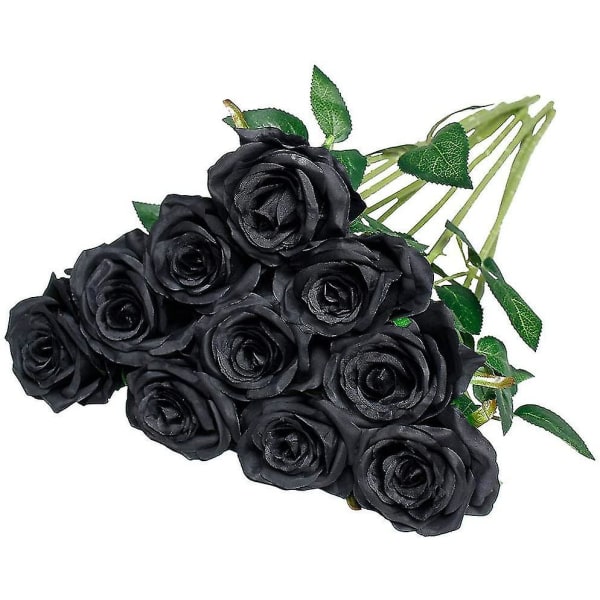 Kunstig silke roseblomster Enkel stilk realistisk falsk rose til bryllup bukett blomst, 10 stk (blå) black