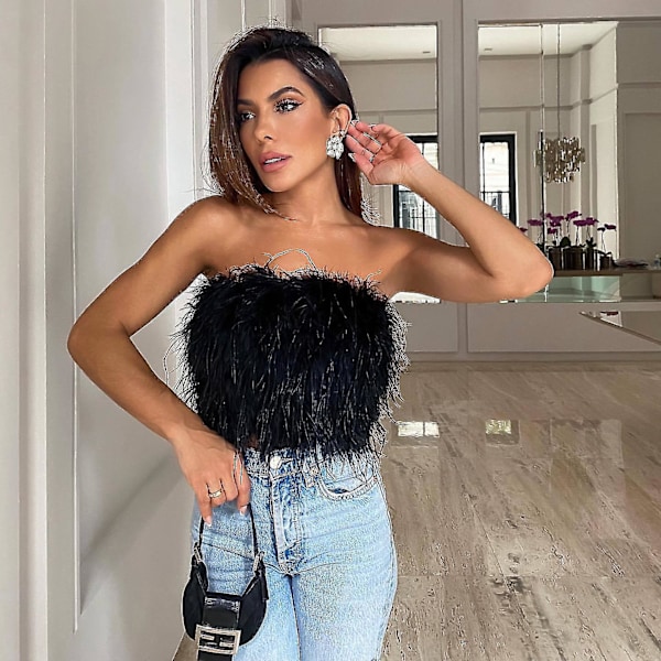 Fluffy Fur Smocked Top Kvinders Mode Fjer Tøj Sort S