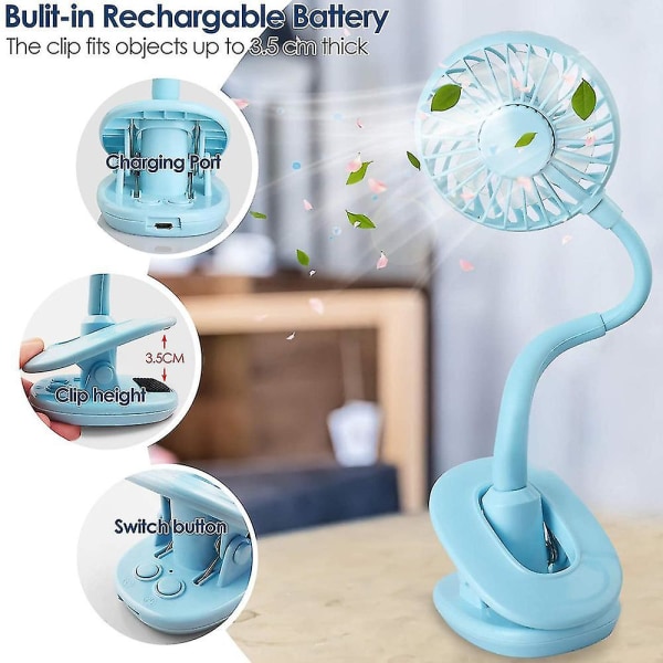 Clip On Fan Usb Fan, Fleksibel Mini Fan Personlig skrivebord elektriske ventilatorer Blue
