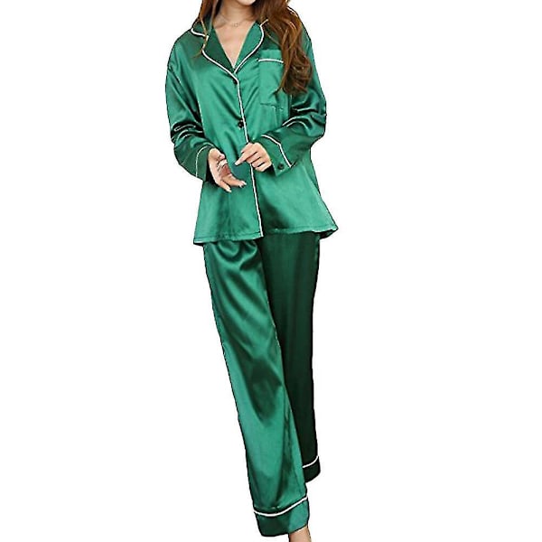 Dam Grön Silke Satin Långärmad Pyjamas Set - Storlek M