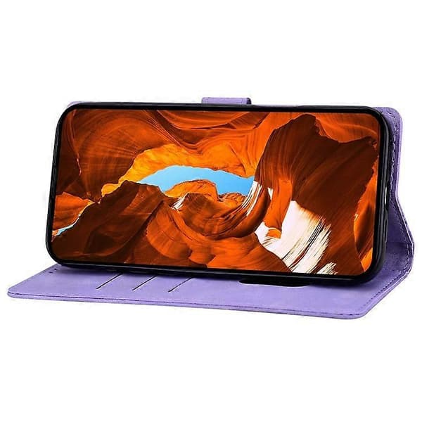 Kompatibelt med iPhone 16 Plus läderfodral präglad rutig plånboksfodral med stativ och vikbart lock Purple