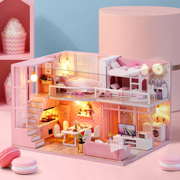 DIY handgjorda miniatyr rosa flicka trä loft dockhus modell kit leksak gåva