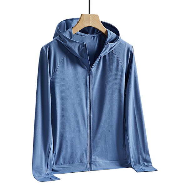 Män UPF 50+ Solskydd Lättvikts Full Zip Hoodie Jacka Långärmad Solskyddande Jacka för Fiske Vandring Utomhus Blå XL