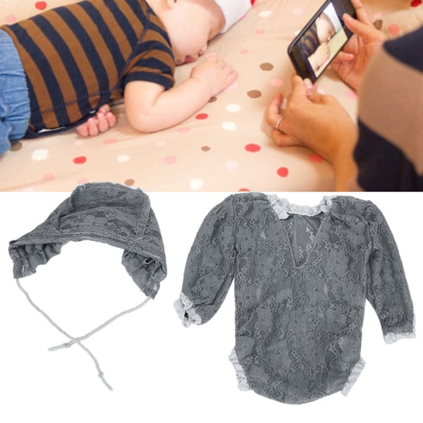 Babyfotografering Jumpsuit Fotorekvisit Hat Spidsoutfit Kostumesæt til Nyfødt Grå