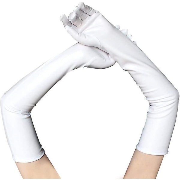 Sexy svarte lange elastiske lakkhansker 54 cm Pole Dance Performance Halloween-kostyme White