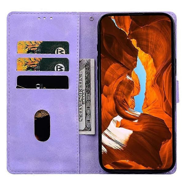 Kompatibelt med iPhone 16 Plus läderfodral präglad rutig plånboksfodral med stativ och vikbart lock Purple