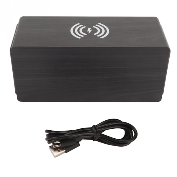 Bluetooth-högtalare Digital träväckarklocka Trådlös laddning 15W Dual Alarm Snooze LED-väckarklocka Svart