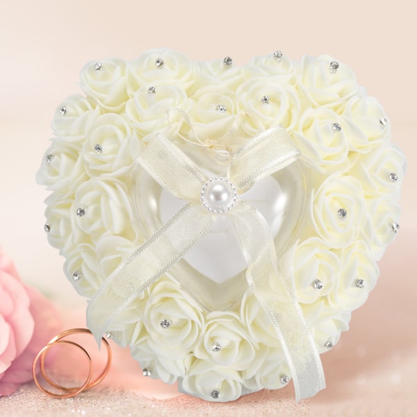 Romantisk Hjerteformet Bryllupsringboks Rose Rhinestone Dekor Ringpute (Beige)
