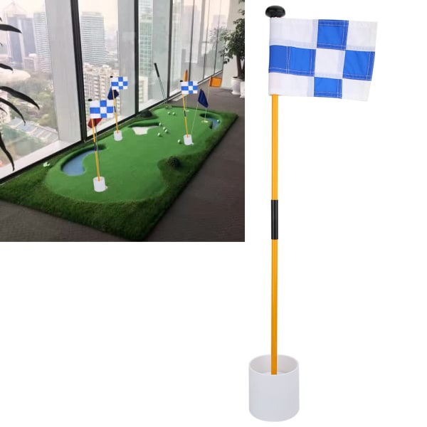 Aftagelig flagstangssæt til golf putting green - øvetilbehør med blåt og hvidt gitterflag