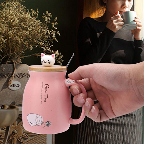 1st Lovely Cat Keramikkopp med sked och lock Kaffevatten Mjölkmugg för Dryckespresent (Rosa)