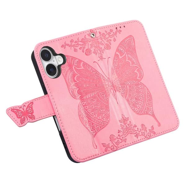 iPhone 17 lædercover med præget sommerfugleblomst Rosa