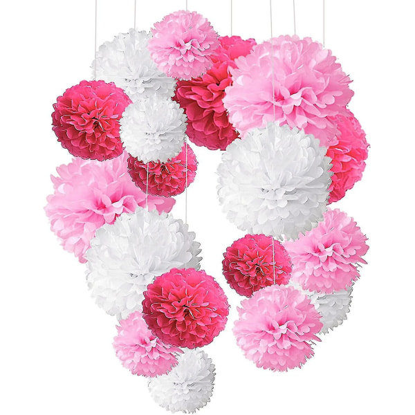 Pakkauksessa 18, vaaleanpunaisia ​​Pom Poms -kukkia, koristepaperipakkaus juhliin