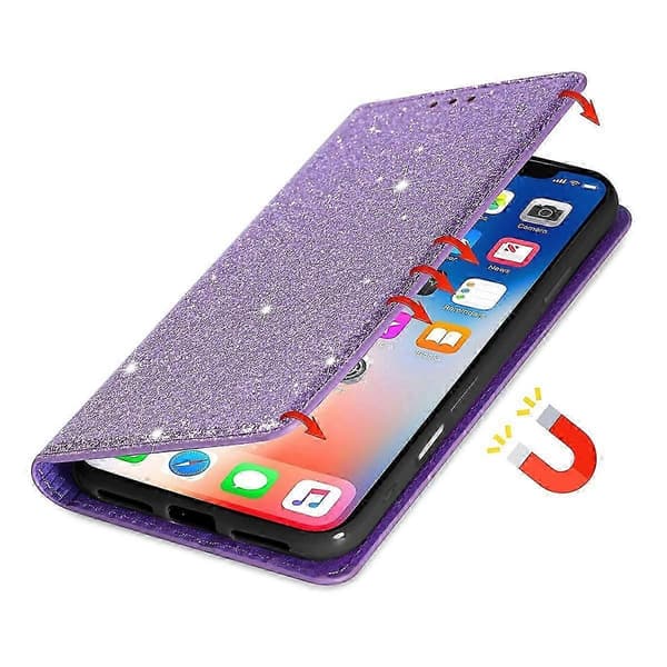Cover til iPhone 16 Plus, glitrende PU-læder + TPU med kortholder - Rosa Purple