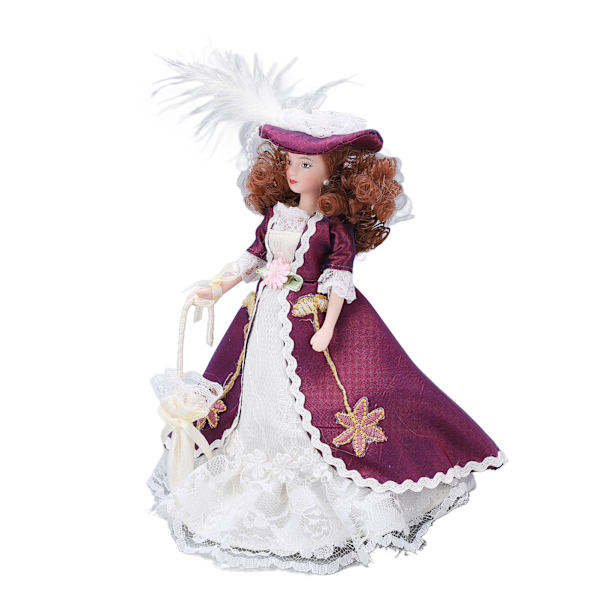 Miniatyrporcelænsfigurer Viktoriansk stil Mørk lilla nederdel Hat Kvinde Keramikdukke til 1/12 Dukkehuse Dekoration
