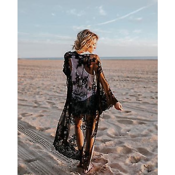 Kvinders blondecardigan Blomsterhæklet Sheer Beach Cover Ups Lang Kimono Black