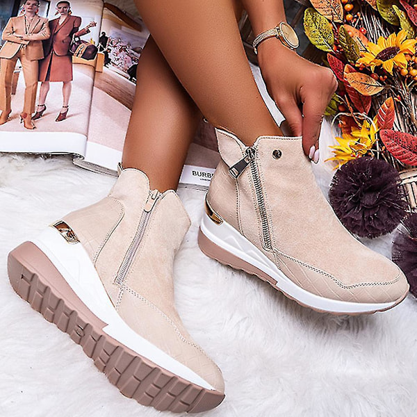 Beige lynlås høje hæl kile ankelstøvler sneakers - Damesko 39