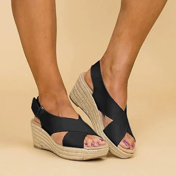 Mustat Keski-Kiila Espadrillit Sandaalit Nilkkaremmin - Naisten Platformakengät Koko 43