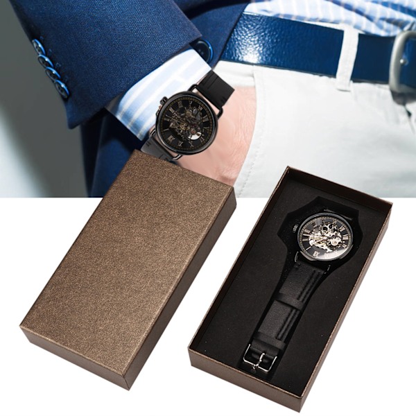 FORSINING Fashionable armbåndsur Mekanisk halvautomatisk herreklokke i hulmønster (sort overflade sort kasse)