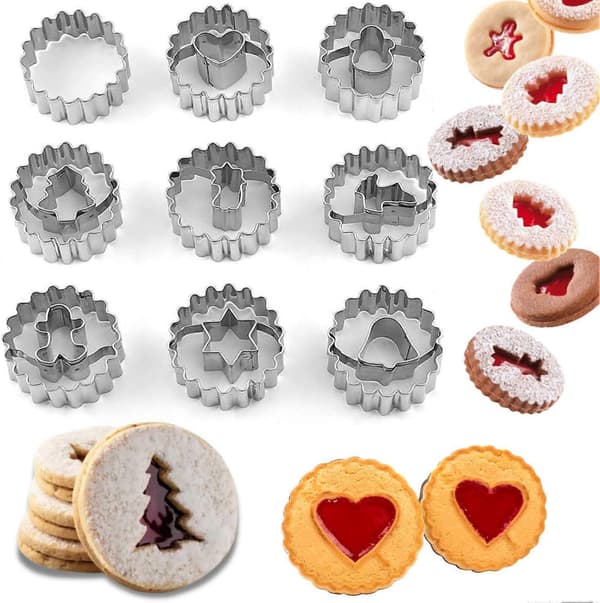 Crethinkaty 9-delers mini Linzer kakeformer | Rustfritt stål | Juletre | Pepperkakemann | Snømann | Elg for vinterbaking