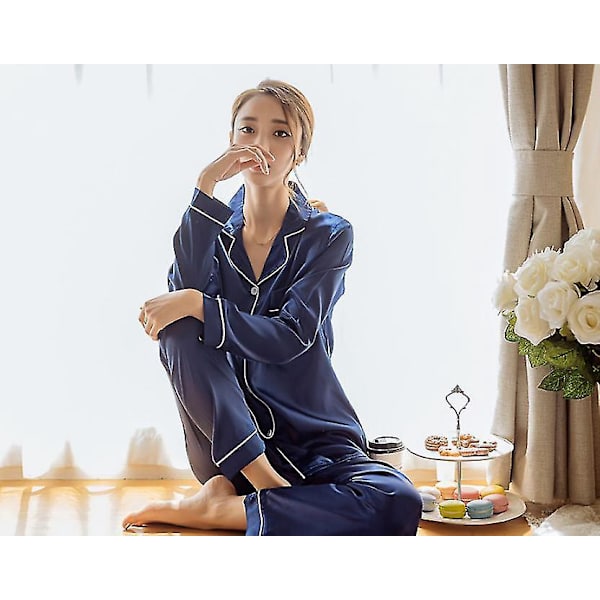 Dames Silke Satin Langærmet Pyjamas Sæt - Størrelse M, Blå