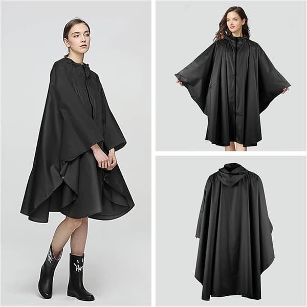 Damregnjacka, lång regnponcho, vattentäta regnkläder, regnjacka, vindtät regnkappa, regnkläder med klaff black
