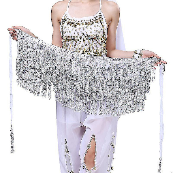 Glimtende Sequin Mave-Danse Slør Tassel Skørt Kostume - Kvinder/Piger Sort Sølv