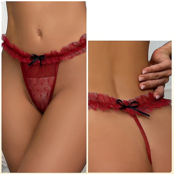 Naisten seksikkäät läpinäkyvät pitsihousut G-string-alusvaatteet, joissa on minisöpö rusettikoristelu Claret M