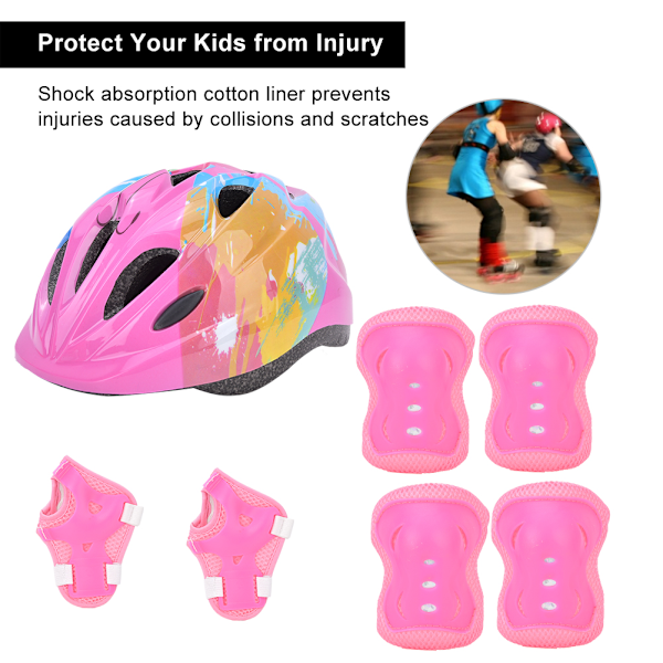 7 st Skyddsutrustning för skridskocykel för barn Säkerhetshjälm Knä Armbåge Handledsskydd Rosa färgglada barn