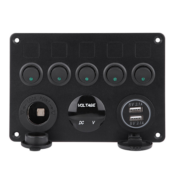 12-24V 5-Knap Vippestrømbryderpanel Dobbelt USB Voltmeter til Bilbåd Marin Lastbil Grøn LED