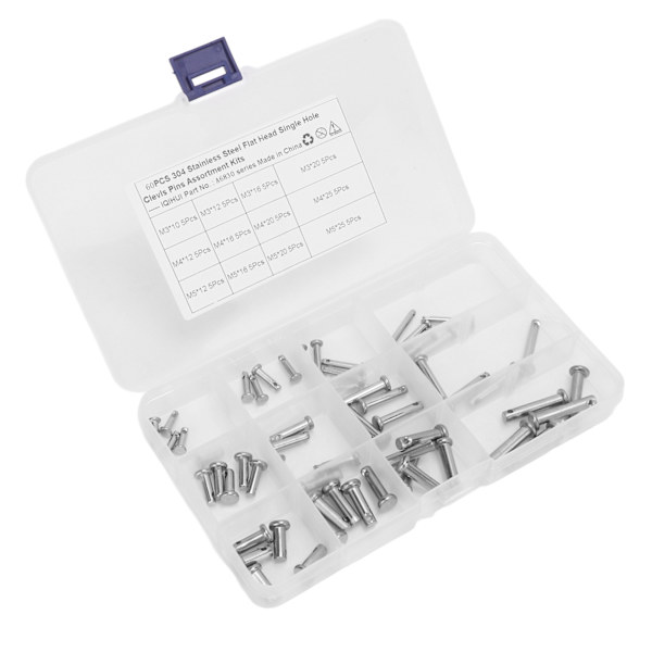 12 Storlekar Rostfritt Stål Clevis Stift Enkelt Hål Platt Huvud T-Form Runda Stift Sortiment Kit för Bil 60st