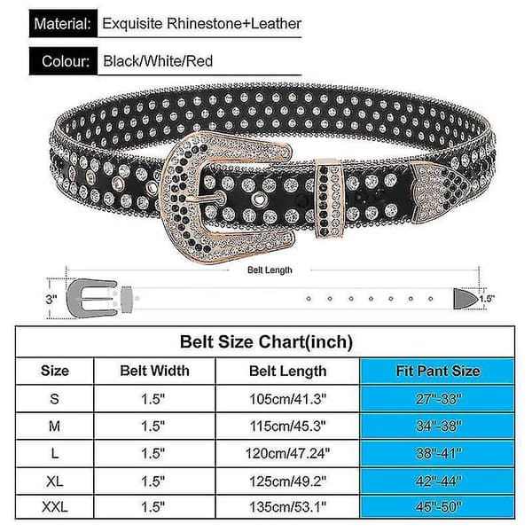Bling Rhinestone Lærbelte for Menn og Kvinner - 105cm Hvit