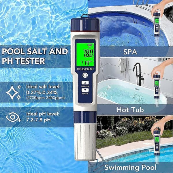 Digital pH-måler, poolsaltmåler, digital salinitetsmåler og pH-måler Kompatibel med poolsalt drikkevand [LD]