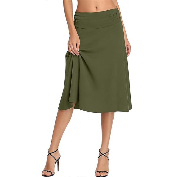 Damkjol med hög midja, rynkad knälång, elastisk, utsvängd, vardaglig, armégrön S Army Green S