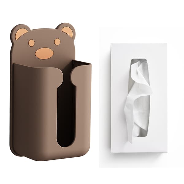 Wall Mounted Tissue Box Punch Free Cute Bear Pattern Plastic Tissue Dispenser for Home Bathroom Brown Bear