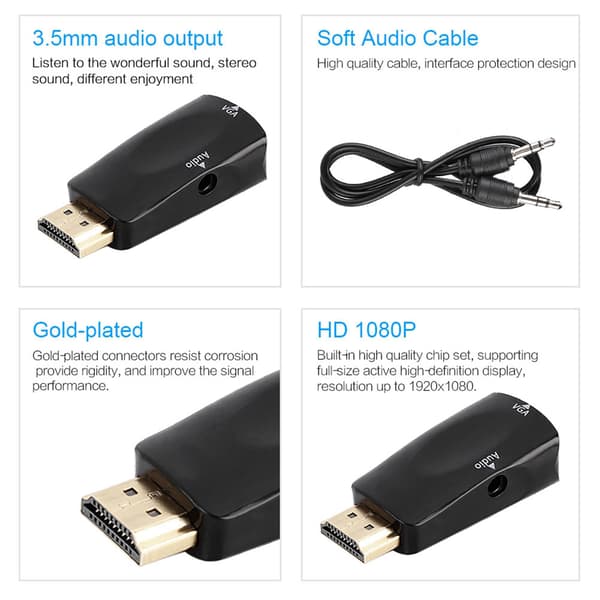 1080P HDMI til VGA Konverter Adapter med Lydkabel - Sort