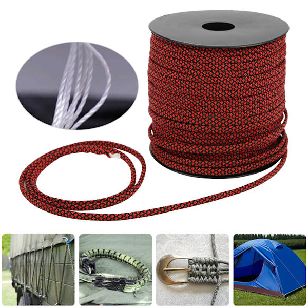 50M 4MM Paksu 7-Ydininen Paracord Pelastusköysi Telttasolmuun, Rannekkeen Neulomiseen, Leirintäköysi Ulkoiluun - Punainen Musta