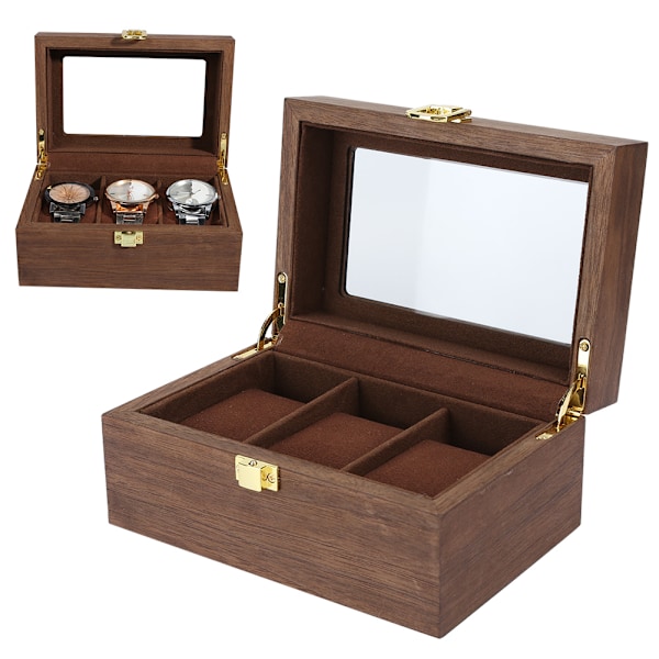 Trä 3 Grid Watch Display Box Transparent fönster Watch förvaringsbox (svart valnöt färg)