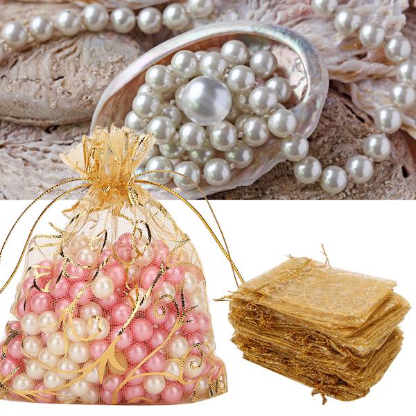 100 st 9 x 12 cm Organza dragsnörepåse Multipurpose smyckesväska Presentförvaringspåse (guld)