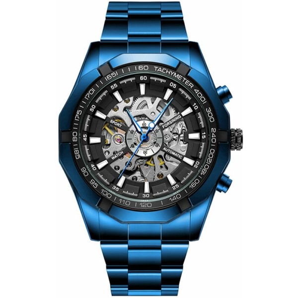 Automatisk mekanisk watch för män med armband i rostfritt stål. Vattentätt sportarmbandsur, modell: Blackblue