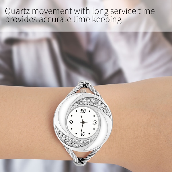 Geekthink Rhinestone Quartz Analog Watch Open Bangle Alloy Case Armbandsur Silver White
