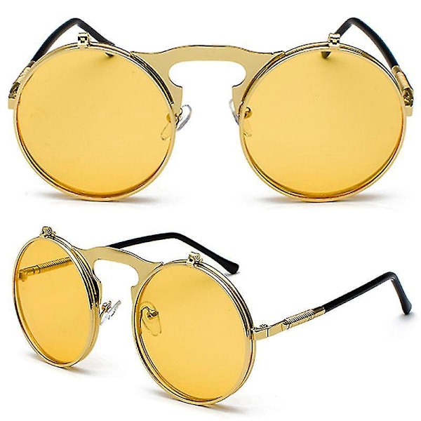 Retro Steampunk Flip Up Cirkel Solbriller Vintage Øjenbryn Guldramme Gule Linser