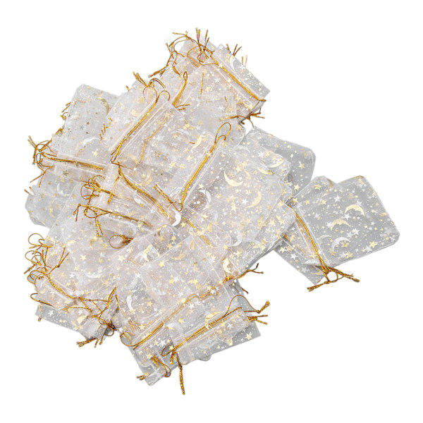 100 st Månstjärna Organzapåsar 7x9 cm Transparenta Organza Dragskopåsar Presentpåsar med Dragsko för Bröllopsfest Vit